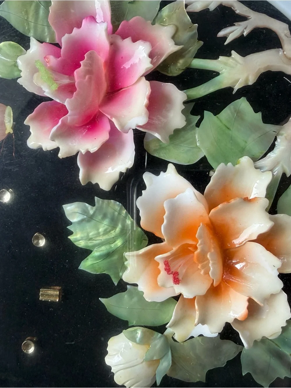 Vintage Chinese Jade Flower Shadow Box Clock